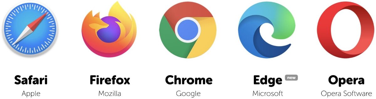 logo of web browsers such as chrome, safari, edge, opera